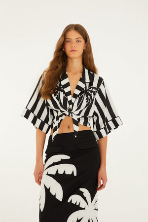 Black Spring Stripes Euroflax™ Premium Linen Short Sleeve Crop Top