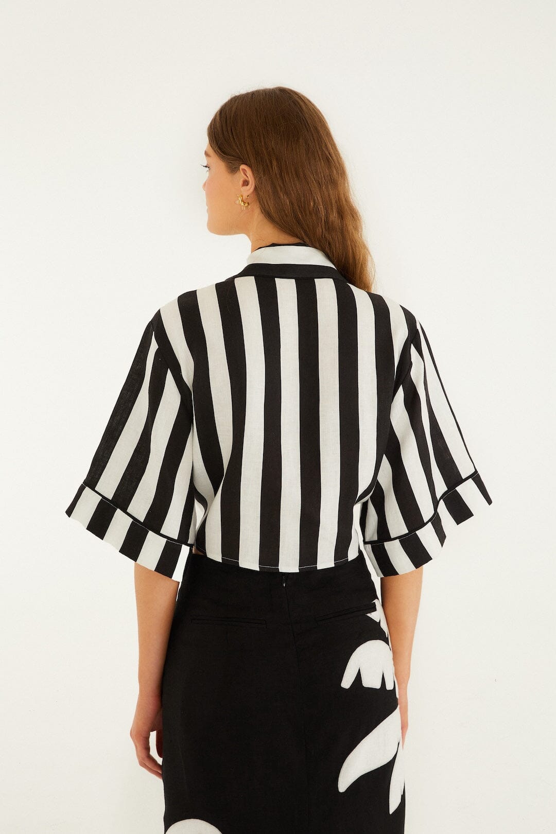 Black Spring Stripes Euroflax™ Premium Linen Short Sleeve Crop Top