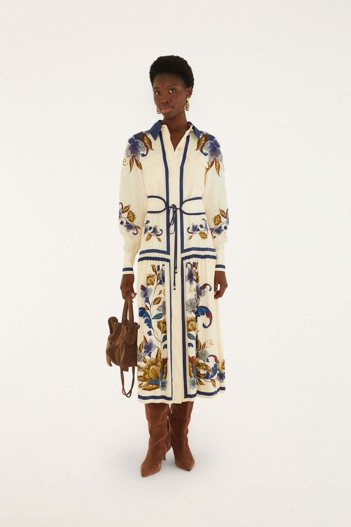 Golden Nature Cream Belt Midi Dress