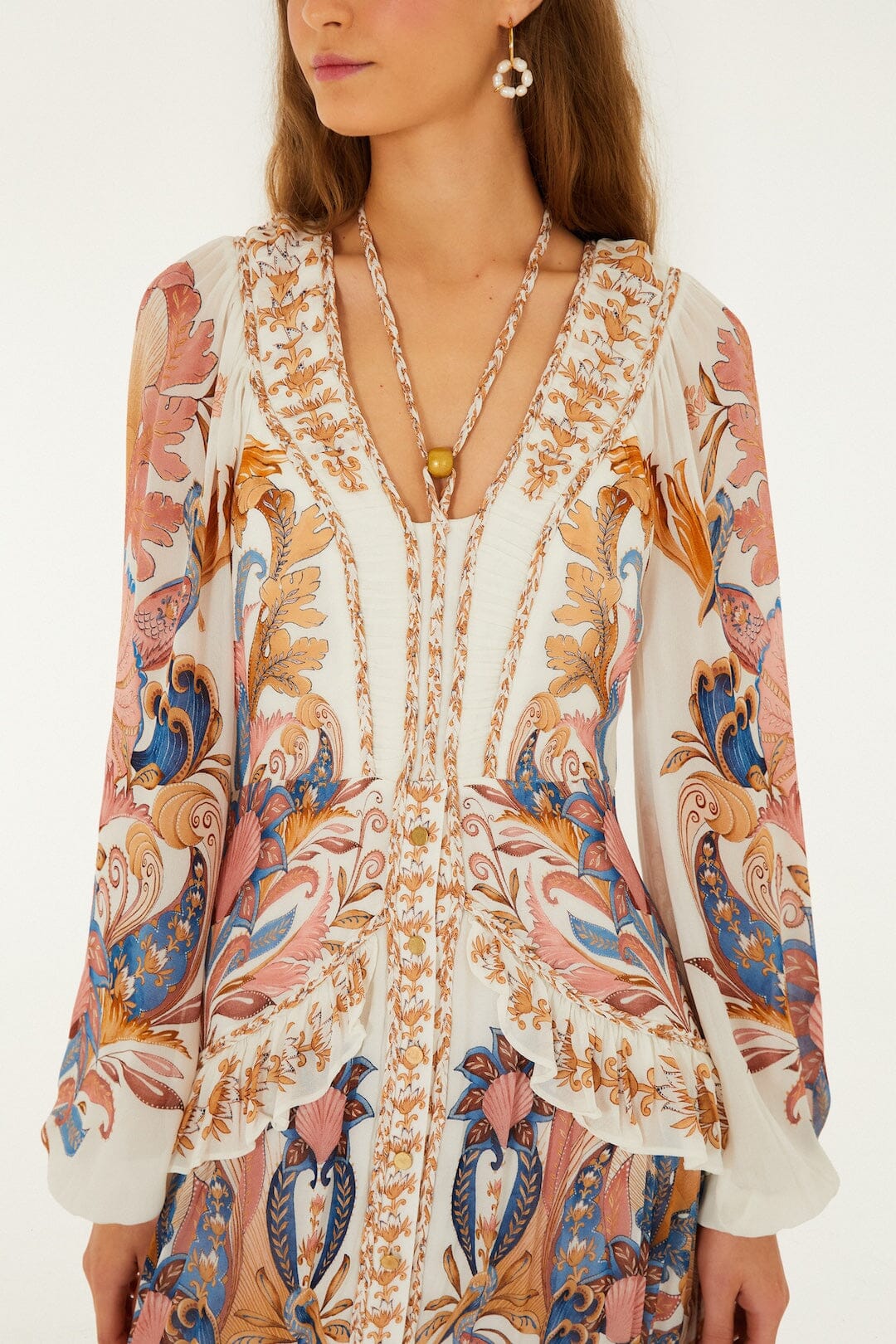 Sea Garden Off-White Braid Details Long Dress