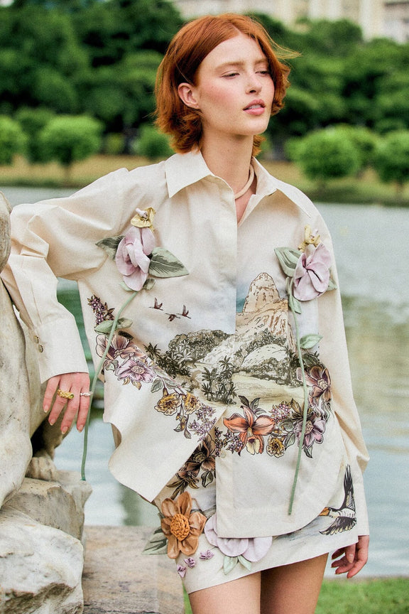 FARM Rio model wearing the Toile De Rio Long Sleeve Shirt