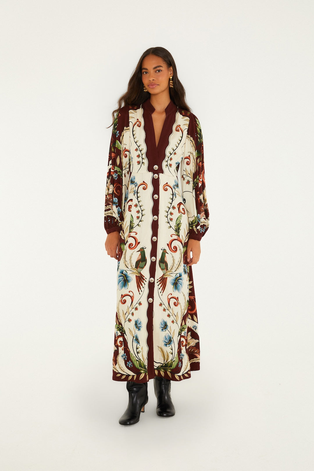 FARM Rio model wearing the Millena Winter White Maxi Dress