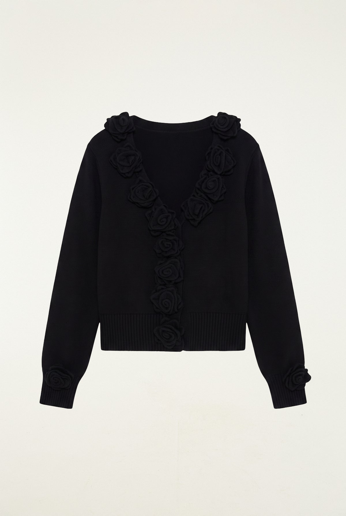 FARM Rio model wearing the Black 3D Flowers Knit Cardigan