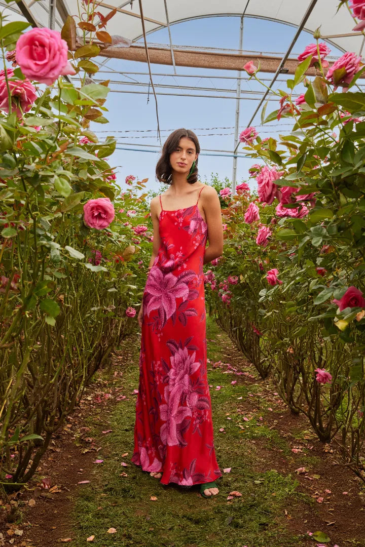 FARM Rio model wearing the Summer Fruit Red Maxi Slip Dress