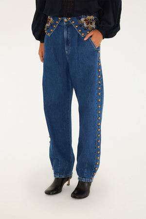 FARM Rio model wearing the Balloon Gold And Blue Denim Pants