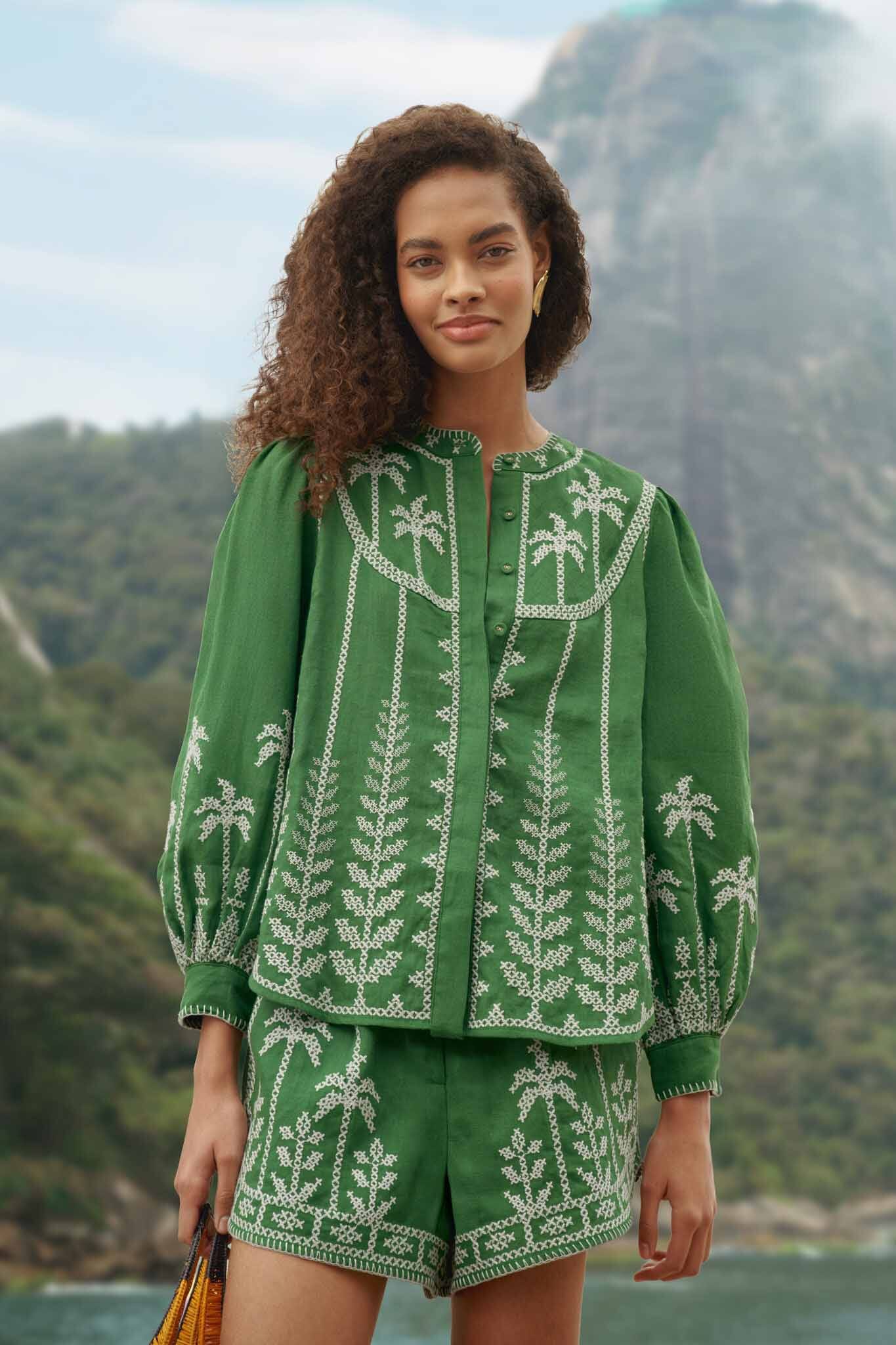Bicolor Cross Stich Embroidery Blouse Long Sleeve