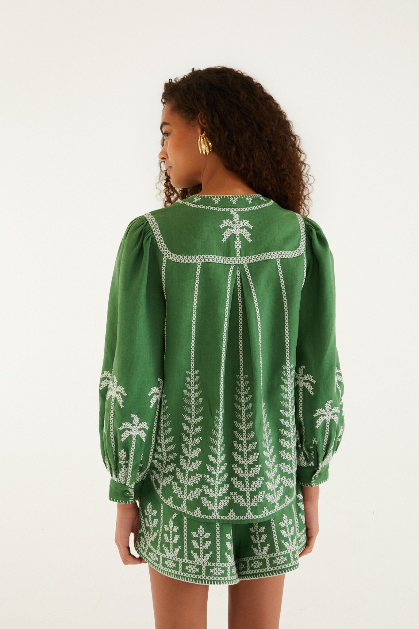 Bicolor Cross Stich Embroidery Blouse Long Sleeve