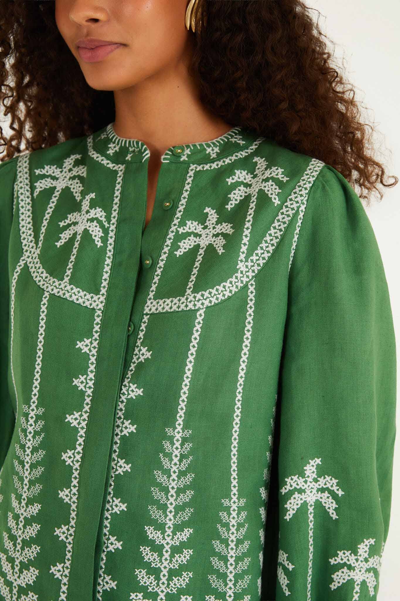 Bicolor Cross Stich Embroidery Blouse Long Sleeve