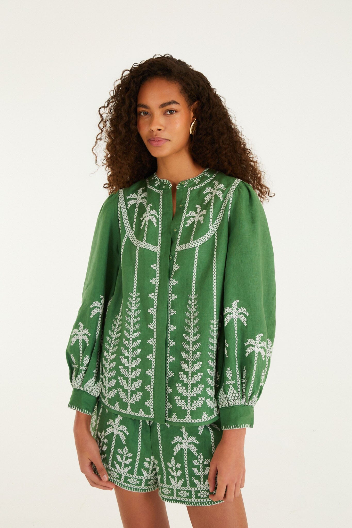 Bicolor Cross Stich Embroidery Blouse Long Sleeve