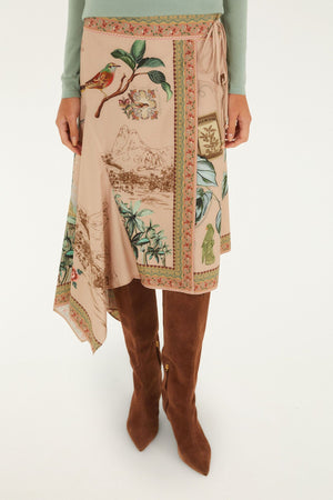 FARM Rio model wearing the Bird Poetry Wrap Midi Skirt