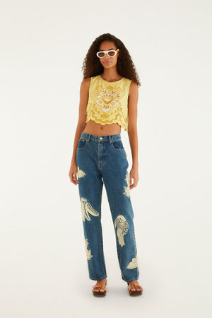 Denim Birds Embroidered Pants
