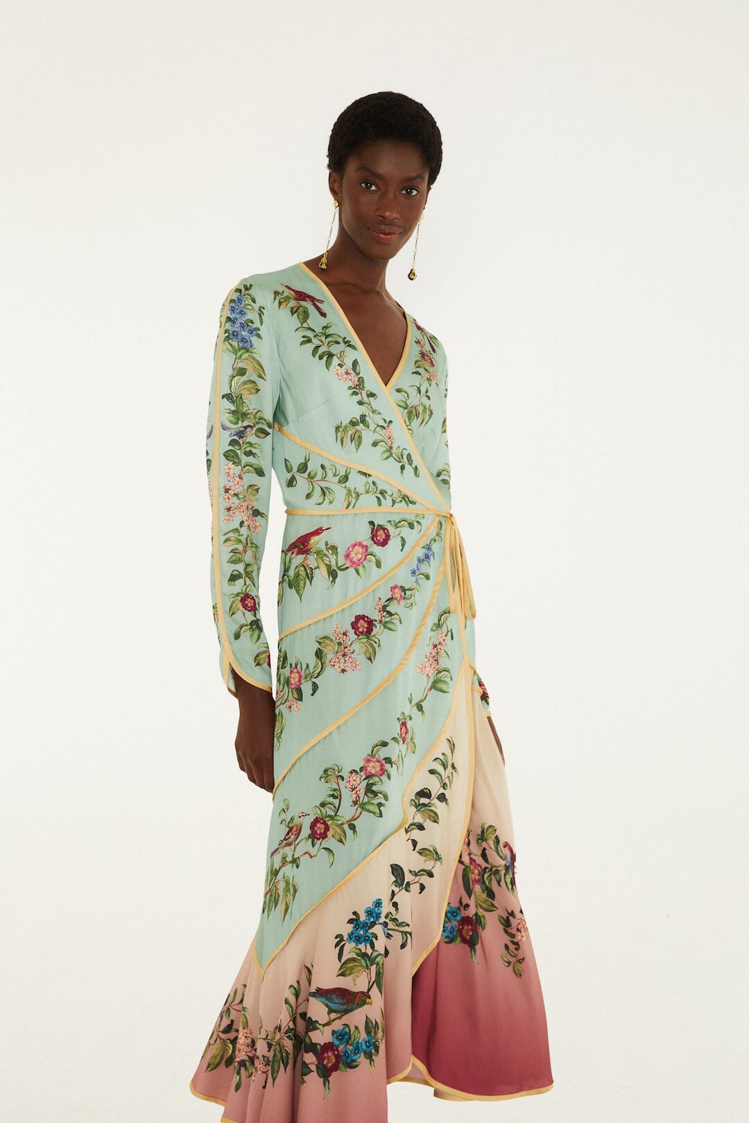 Birds Tree Green Mix Maxi Long Sleeve Dress