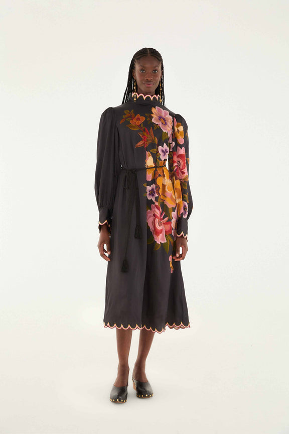 Black Chenille Flowers Lenzing™ Ecovero™ Viscose Midi Dress