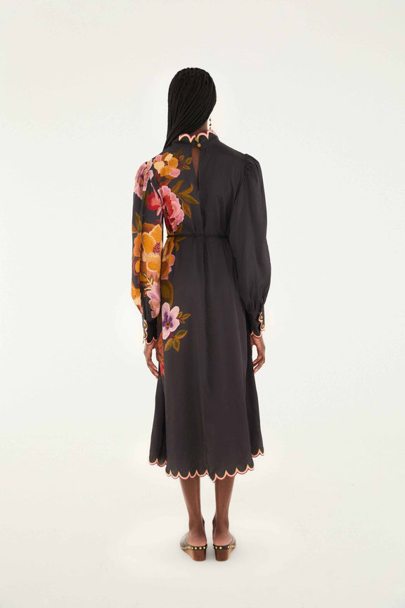 Black Chenille Flowers Lenzing™ Ecovero™ Viscose Midi Dress
