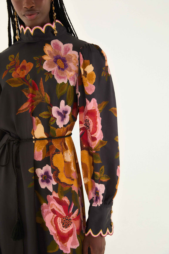 Black Chenille Flowers Lenzing™ Ecovero™ Viscose Midi Dress