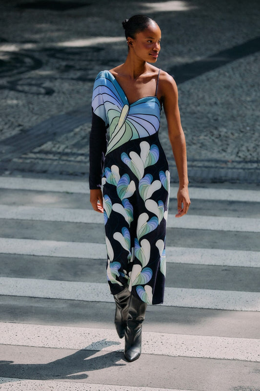 FARM Rio model wearing the Black Lovely Anthurium One-Shoulder Maxi Dress