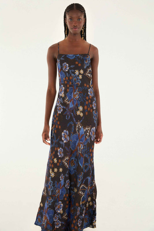 FARM Rio model wearing the Black Snakes Bouquet Lenzing™ Ecovero™ Slip Maxi Dress