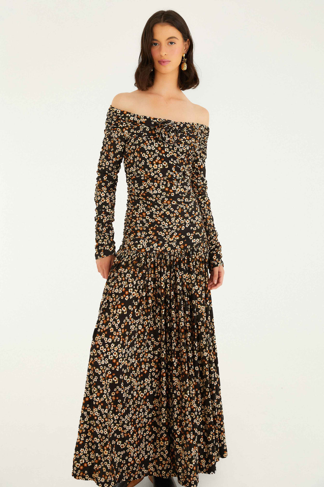 Tiny Flowers Black Long Sleeve Maxi Dress