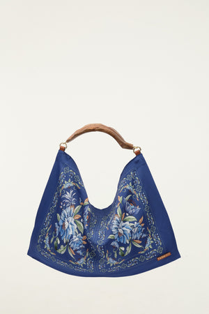 FARM Rio model wearing the Blue Flowers Satin Small Scarf Bag