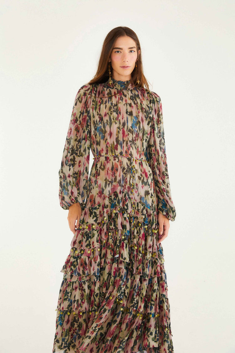 Pink Blurred Tiny Flowers Long Sleeve Maxi Dress
