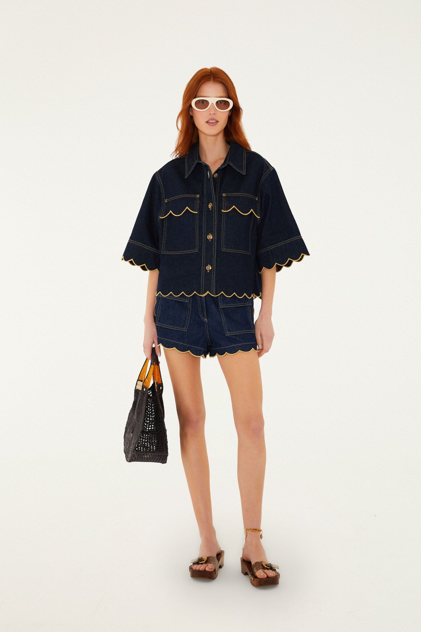 Dark Denim Wavy Hem Short Sleeve Shirt