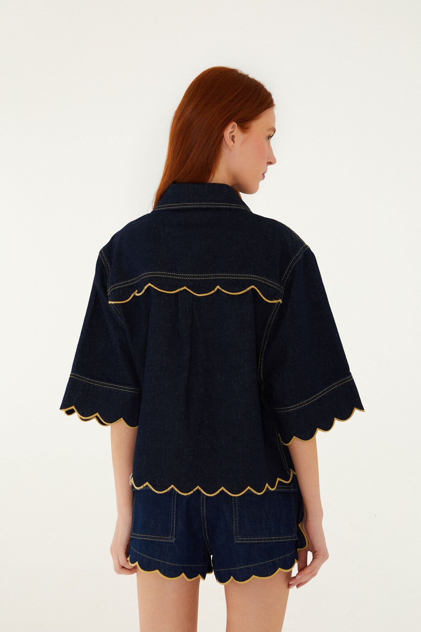 Dark Denim Wavy Hem Short Sleeve Shirt