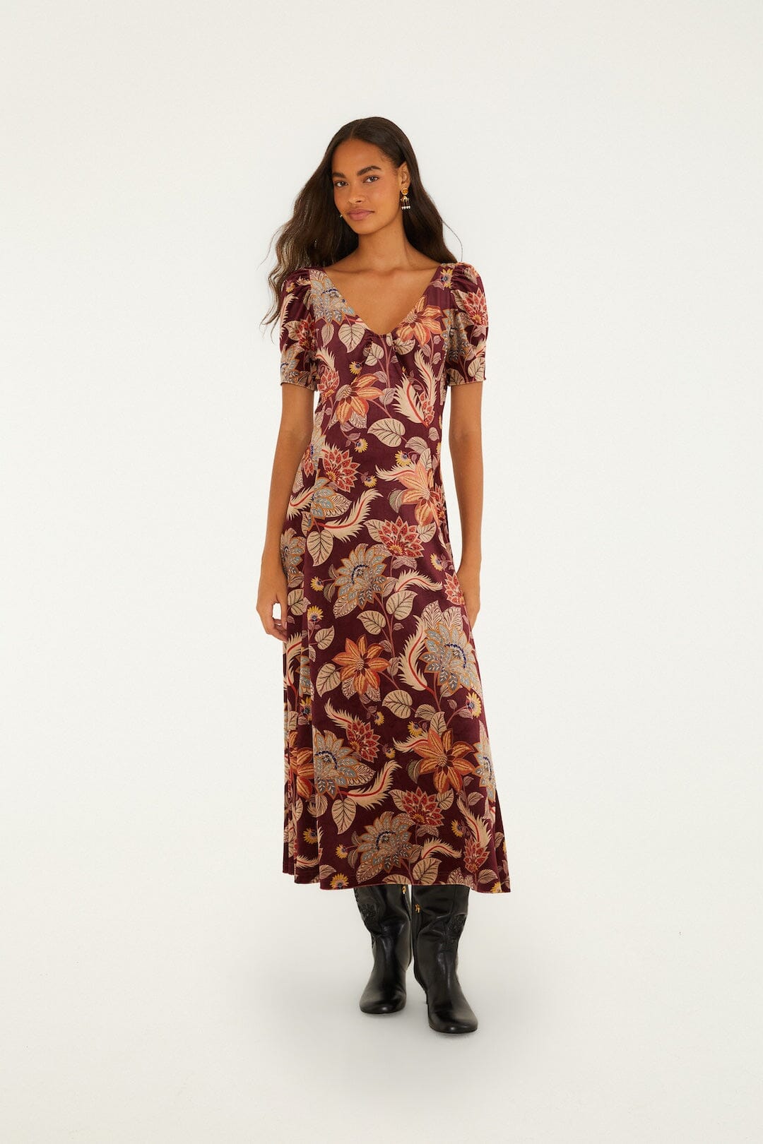 Delhi Floral Burgundy Velvet Maxi Dress