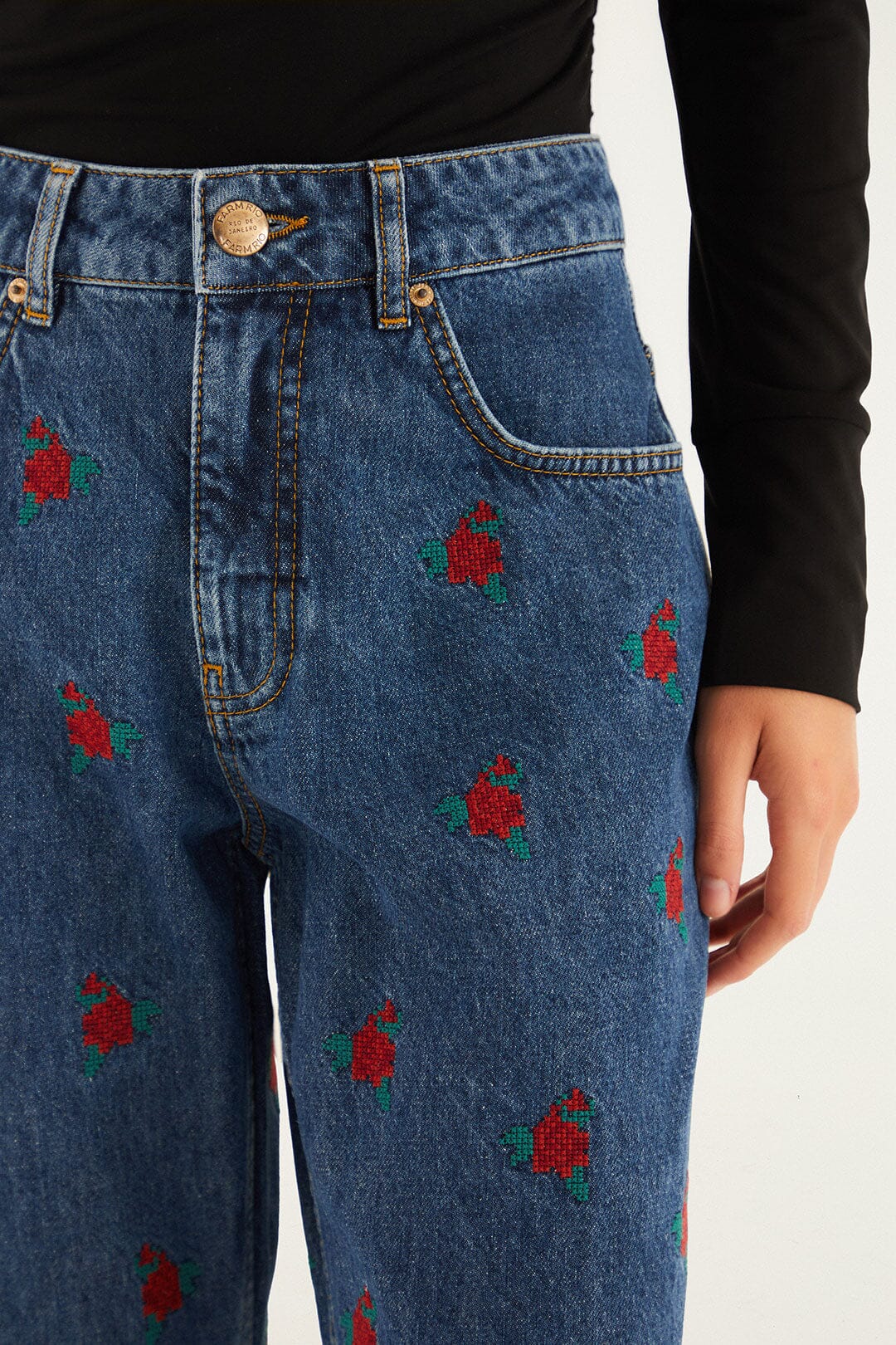 Denim Embroidered Flowers Pants