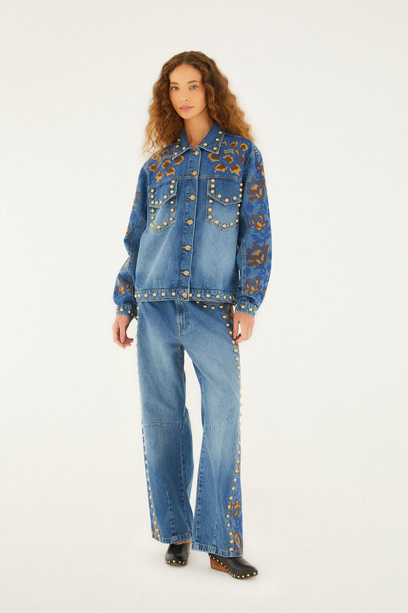 denim metal details embroidered high waist pants