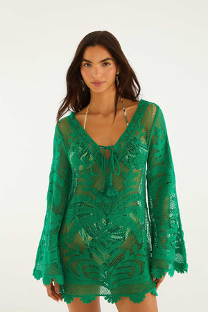 Green Richelieu Open Sheer Back Mini Dress
