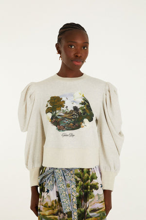 FARM Rio model wearing the Grey Countryside Landscape Puff Sleeve Sweater