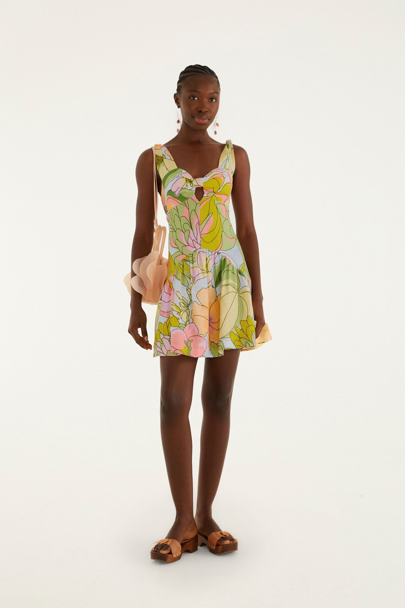 FARM Rio model wearing the Light Blue Spring Affair Cut-Out Euroflax Premium Linen Mini Dress