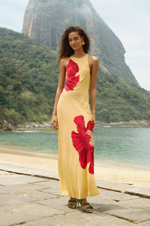 Light Yellow Poppy Flowers Sleeveless  Maxi Dress
