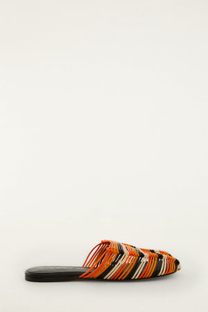 FARM Rio model wearing the Macrame Flat Mule