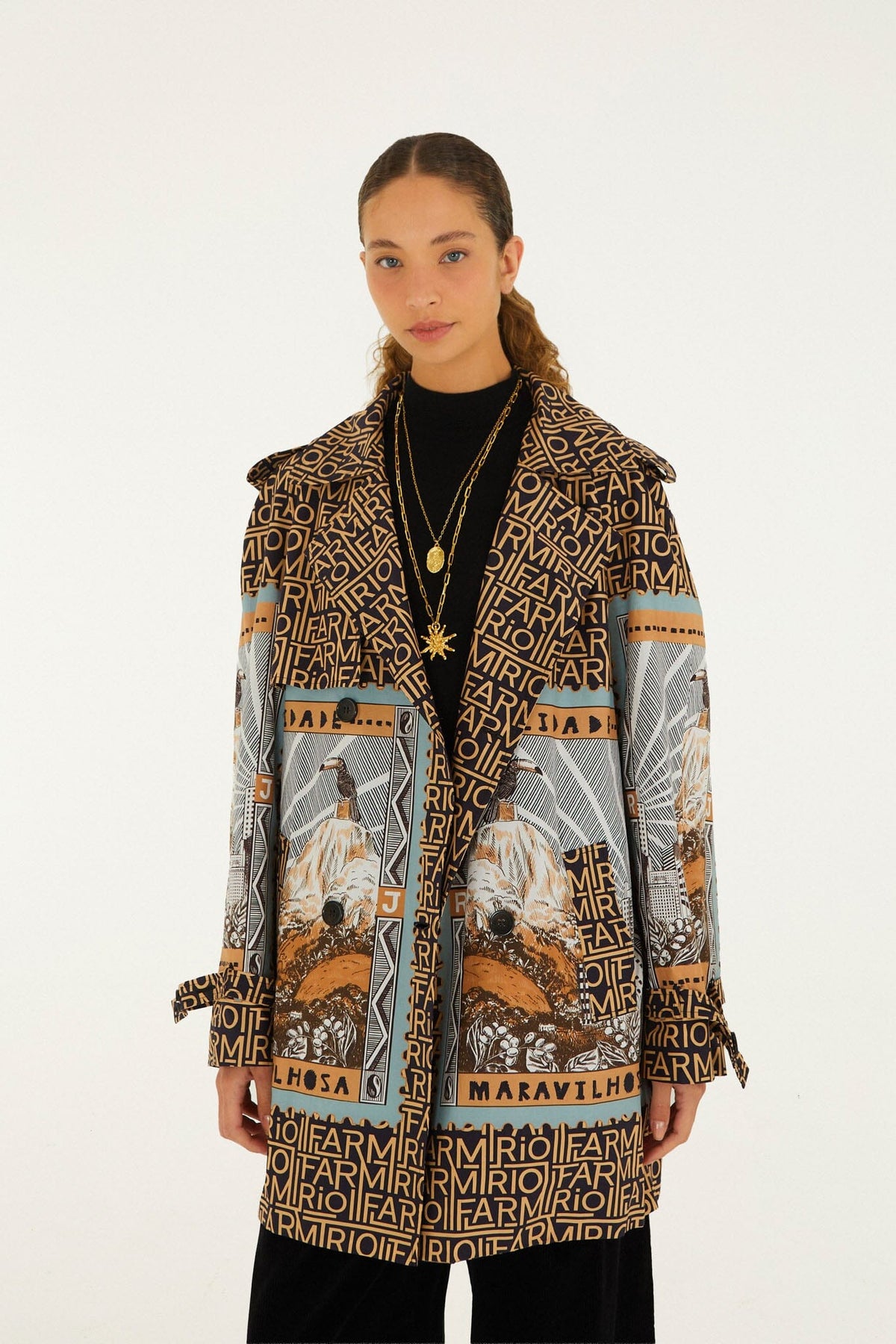 Mixed Carioca Coffee Scarves Trench Coat