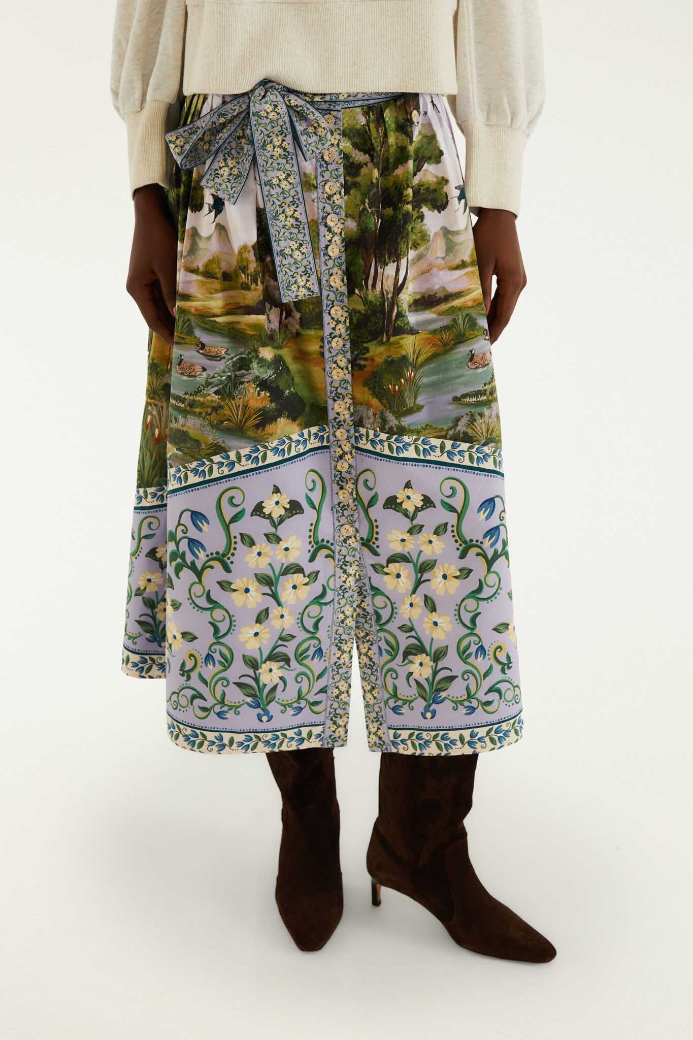 Countryside Landscape Multicolor Midi Skirt
