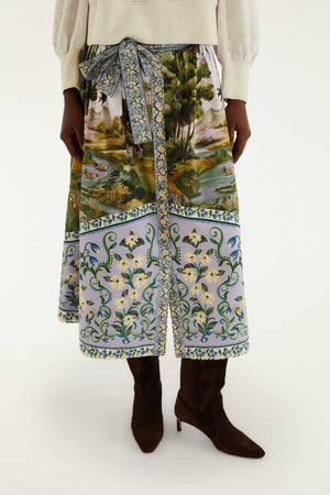 FARM Rio model wearing the Multicolor Countryside Landscape Belted Midi Skirt