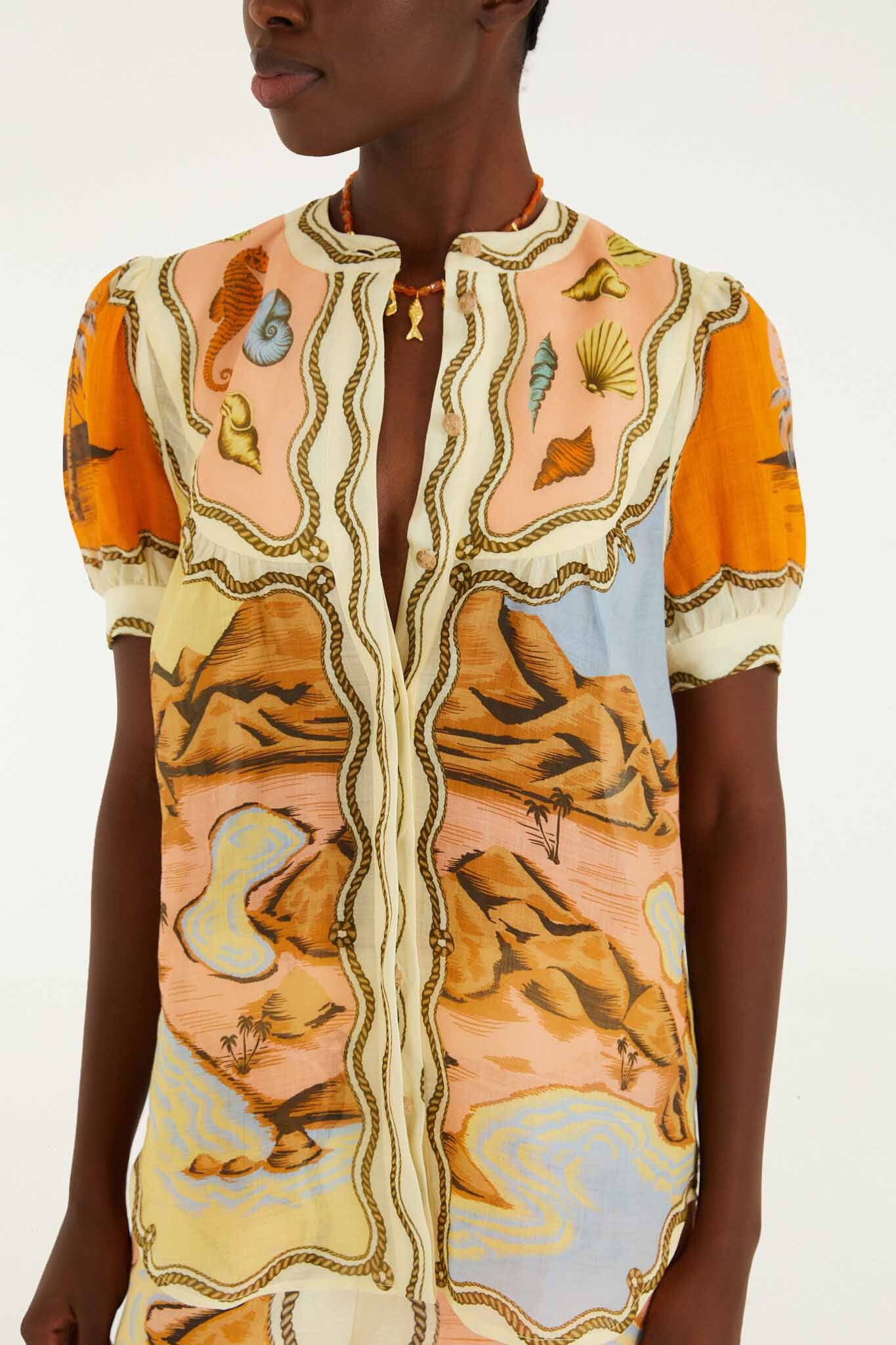 Multicolor Rio Souvenir Scarves Puff Sleeve Blouse