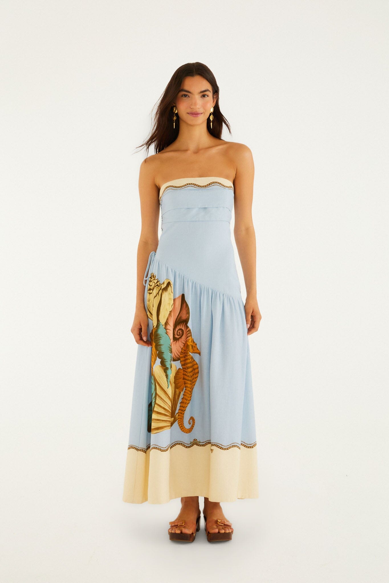 FARM Rio model wearing the Multicolor Rio Souvenir Strapless Side Ties Maxi Dress