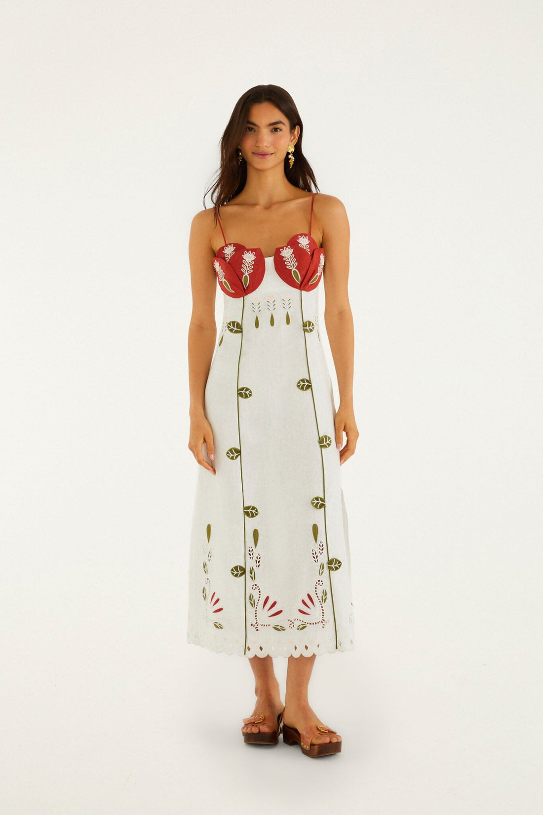 FARM Rio model wearing the Off-White Tulip Richelieu Embroidered Midi Dress