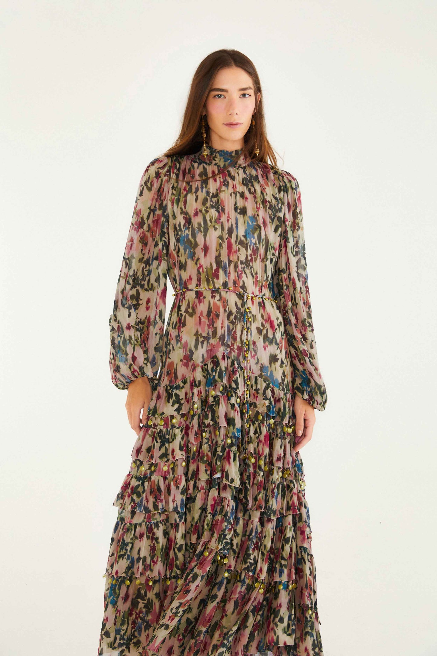 Pink Blurred Tiny Flowers Long Sleeve Maxi Dress