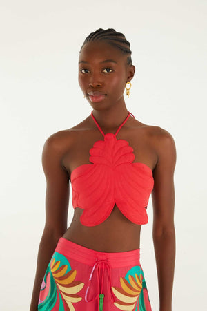 Red 3d Shell Halter Neck Crop Top