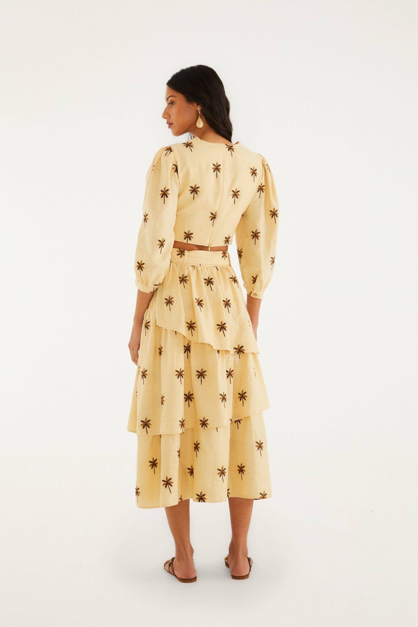 FARM Rio model wearing the Sand Embroidered Trees Buckled Layered Midi Skirt