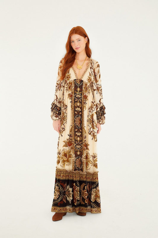 FARM Rio model wearing the Sand Majestic Garden Ruffled Maxi Dress