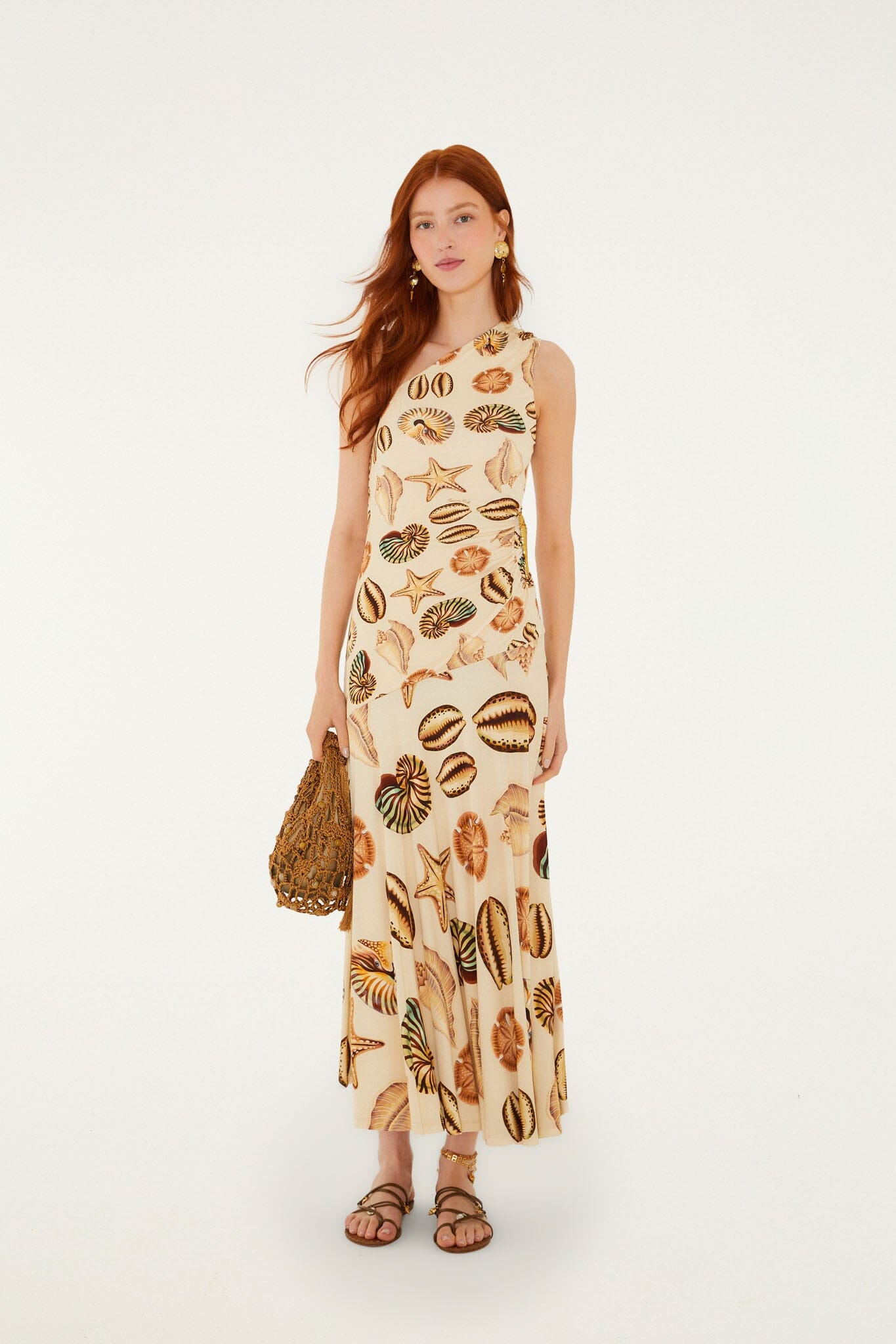 Sand Marine Shells Tassel One-Shoulder Maxi Dress