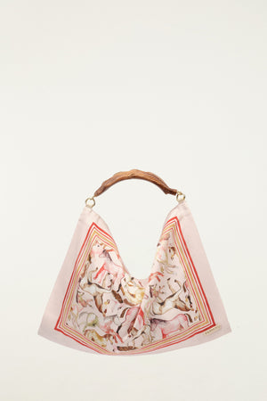 FARM Rio model wearing the Soft Pink Horses Satin Small Scarf Bag