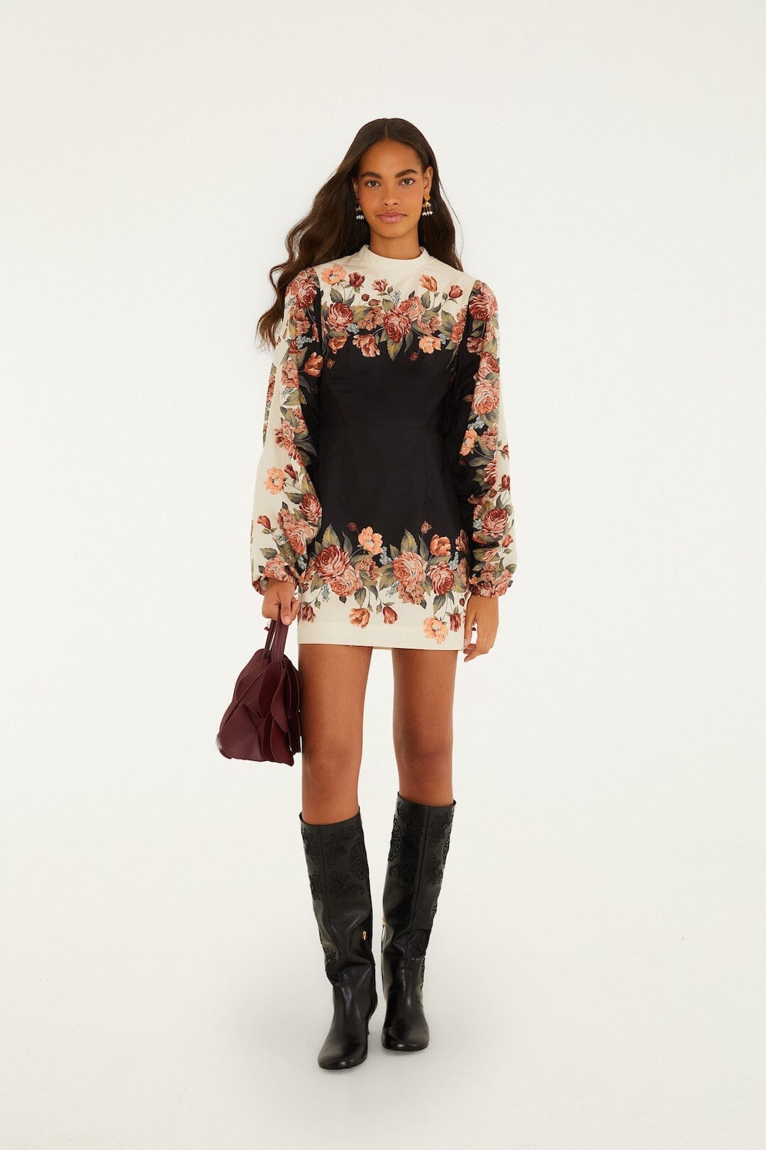 Winter Floral Cream Long Sleeve Mini Dress