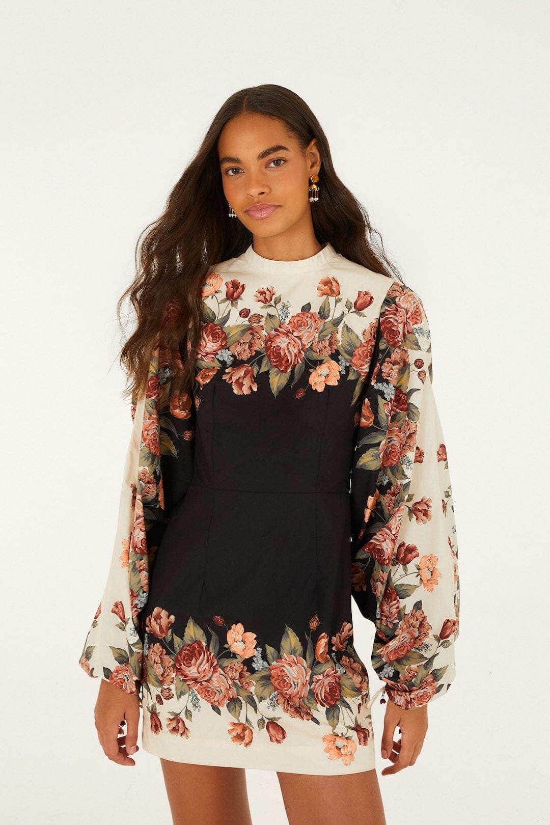 Winter Floral Cream Long Sleeve Mini Dress