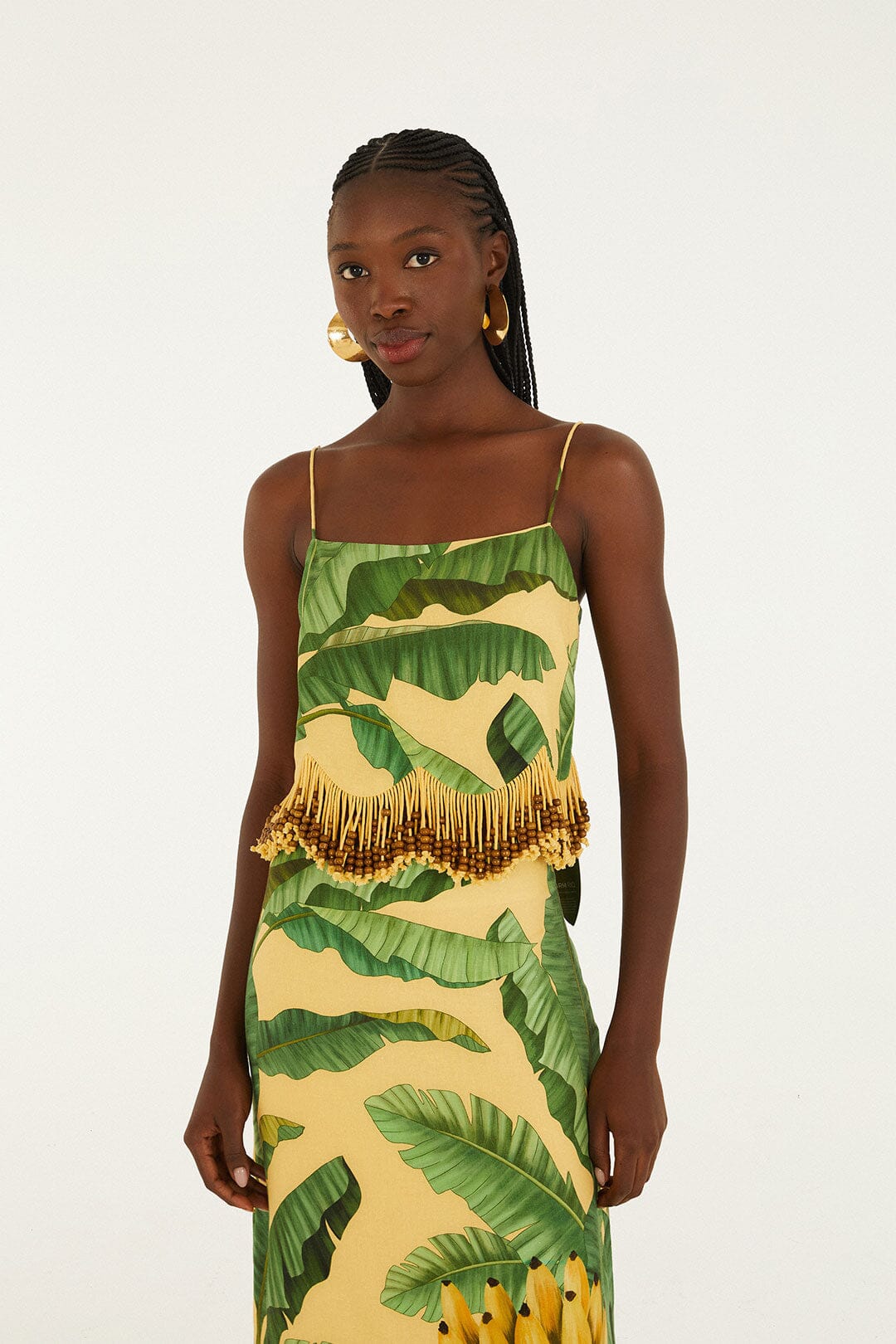 FARM Rio model wearing the Yellow Fruit Leaves Banana Beaded Fringes Sleeveless Top