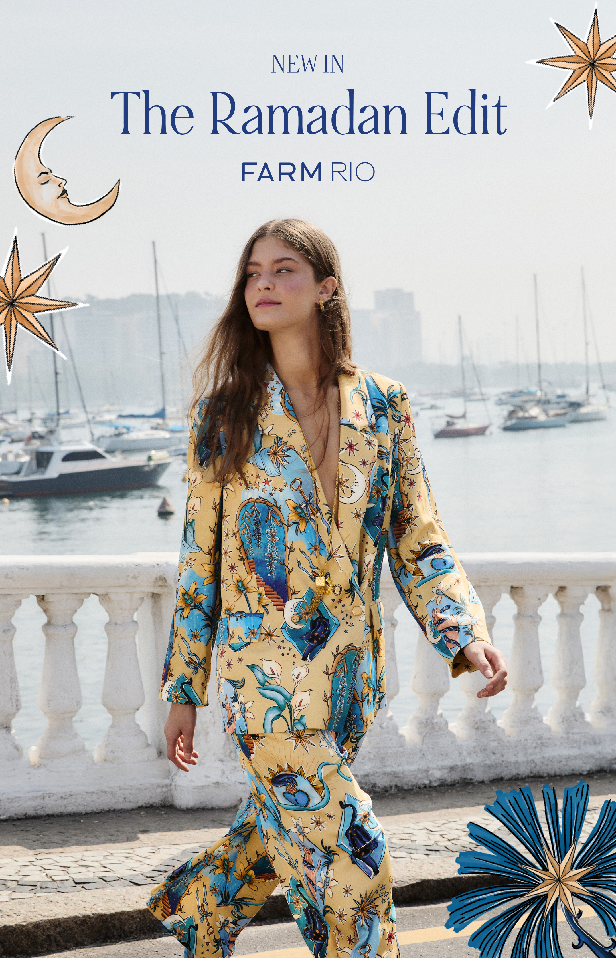 Woman in a patterned outfit standing by a waterfront with 'The Ramadan Edit' and 'Farm Rio' text.